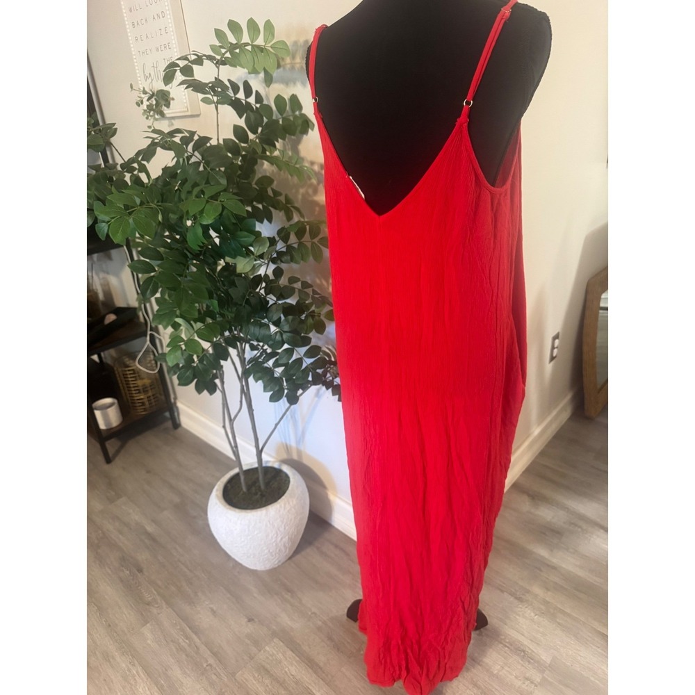 Lovestitch Red Gauze Maxi Dress Womens M/L Sleeveless Oversized Pocket V-Neck - Picture 3 of 5